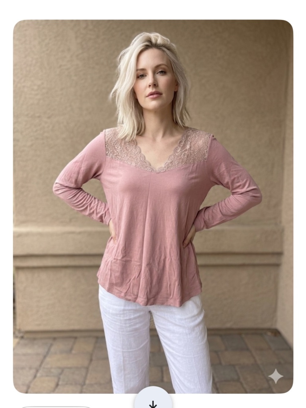 HARNO. Lace-Yoke Long Sleeve Tee in Dusty Rose